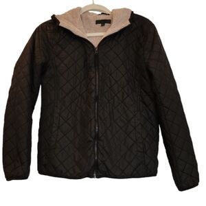 Kids Uniqlo Quilted Black Hooded Jacket Fleece Inside Size L Zip Front Pockets